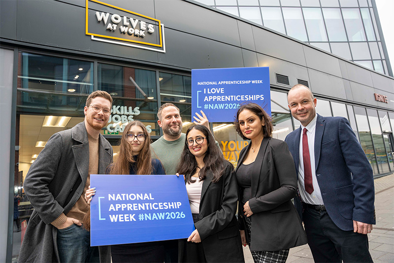 (L-R): Councillor Chris Burden, Cabinet Member for City Development, Jobs and Skills, Tiah Faulkner, Data Protection and Information Governance Apprentice at City of Wolverhampton Council, Paul Goode, Engagement Broker, Workpays, Jasmeen Kaur, Health & Safety Apprentice Level 3 at City of Wolverhampton Council, Baljinder Kaur, Wolves at Work Team Leader, Richard Hewitt, City of Wolverhampton College Assistant Principal - Business and Growth, outside the Wolves at Work employment hub at i10