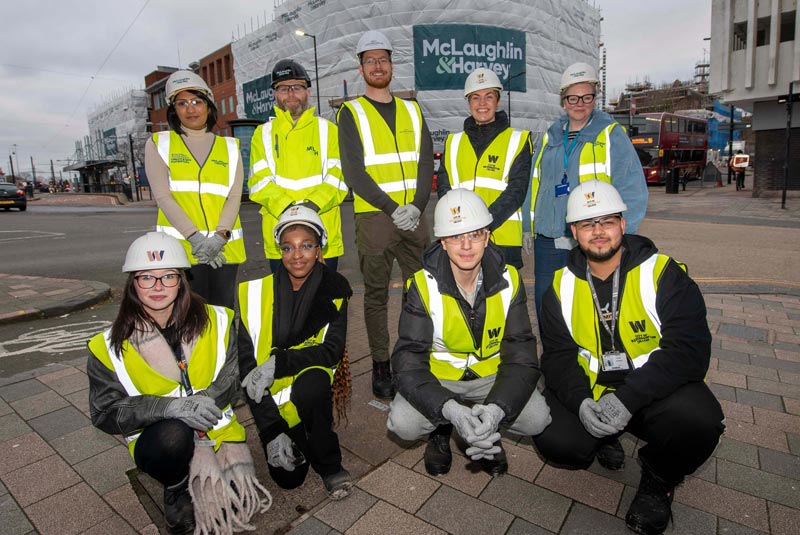 (L-R): In front of the new City Learning Quarter college campus are (back row) - Jas Dolphin, Ministry of Housing, Communities & Local Government, Shane Greer, McLaughlin & Harvey Senior Project Manager, Cllr Chris Burden, City of Wolverhampton Council Cabinet Member for City Development, Jobs and Skills, Louise Fall, City of Wolverhampton College Principal and Chief Executive, Sian Fletcher, Adult Education Wolverhampton Curriculum Manager – Continuing Education and Marketing. (front row) – City of Wolverhampton College students Aleksandra Jaskiewicz (aged 18), Rachel Obo (19), Thomas Law (16) and Fahad Alzafery (18)