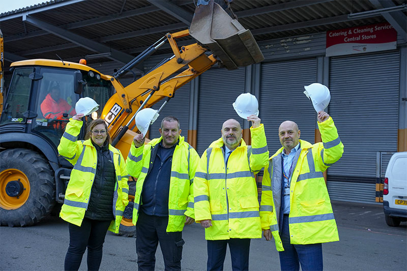(L-R): Joanne Huntbatch, Markets General Manager, Wolverhampton Wholesale market trader Michael Wakeman, from G. Marsh Potatoes, Councillor Craig Collingswood, Cabinet Member for Environment and Climate Change at City of Wolverhampton Council and John Roseblade, Director of Resident Services at City of Wolverhampton Council at the site in Hickman Avenue.