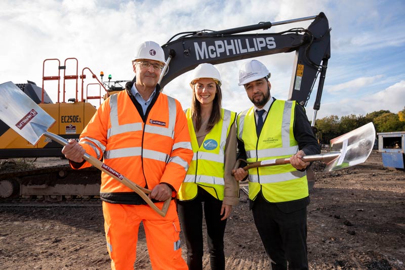 Andrew Dunham, McPhillips Director, Nell Lloyd, Virtus Project Manager, and Councillor Qaiser Azeem, Cabinet Member for Resident Services break ground for the construction works at the Hickman Avenue site