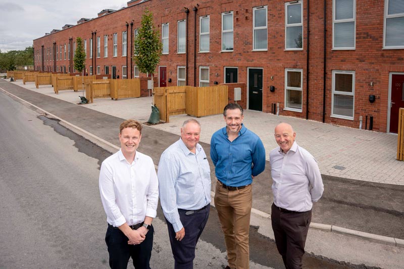 First completed homes at the Canalside South development (LTR) Kennedy Wilson Development Director, Stephen McWilliams; Councillor Stephen Simkins, Leader, City of Wolverhampton Council; Wavensmere Homes Managing Director, James Dickens; Tim Johnson, CEO, City of Wolverhampton Council