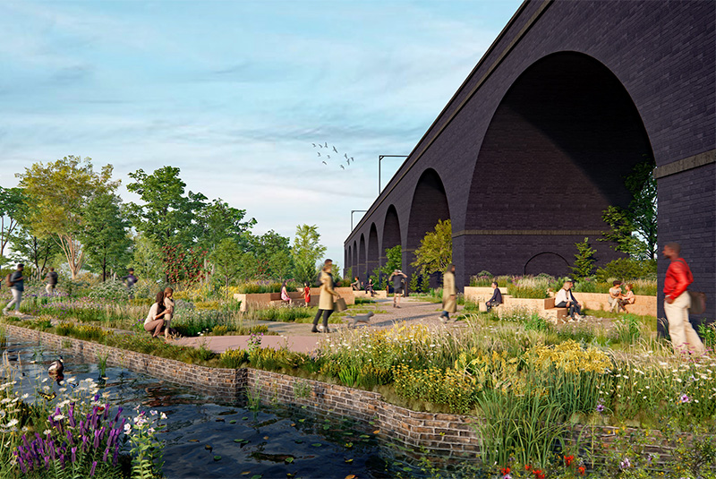 A computer-generated image of what the first phase of the Green Innovation Corridor, Six Mile Green, could look like.