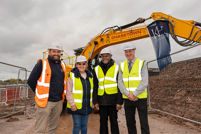 (L-R): Matt Wilkes, Keon Homes Project Manager, Val McKean, Chair of New Park Village Committee and Resident Steering Group Member, Martin Longmore, New Park Village resident, and Councillor Steve Evans, City of Wolverhampton Council Deputy Leader and Cabinet Member for City Housing and Assets at the New Park Village first phase construction site